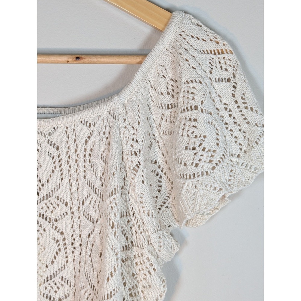 Freshman 1996 Ivory Pointelle Knit Crop Top Square Neck Flutter Sleeve  XS Boho